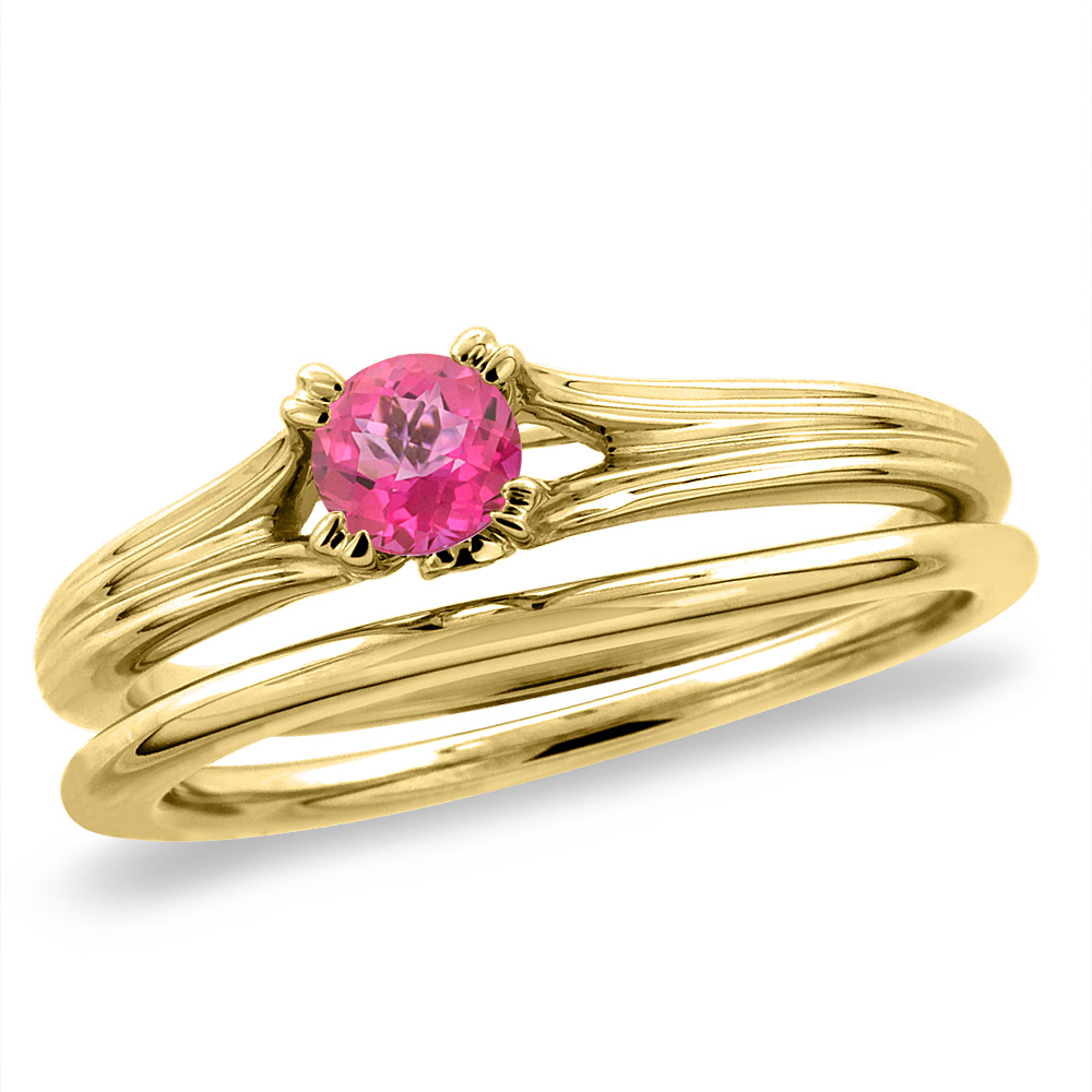 14K Yellow Gold Diamond Natural Pink Topaz 2pc Solitaire Engagement Ring Set Round 4 mm, size5-10