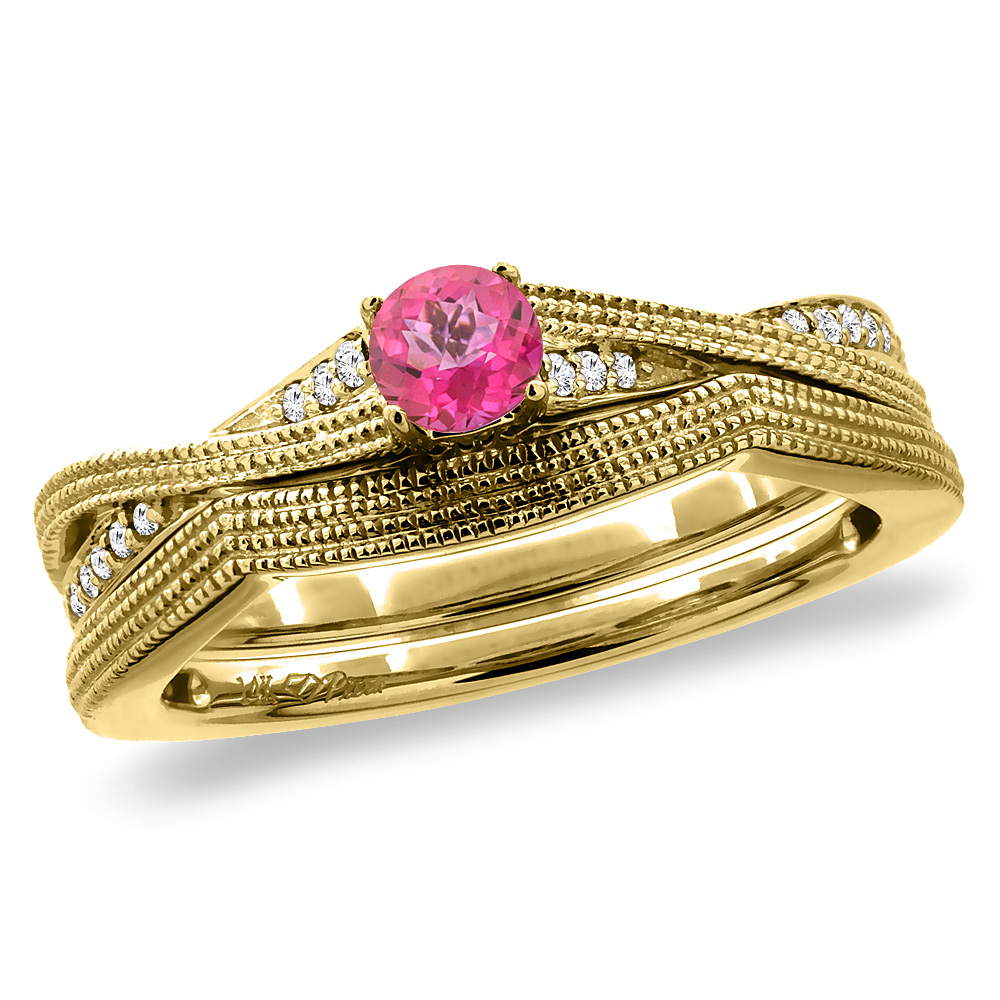 14K Yellow Gold Diamond Natural Pink Topaz 2pc Engagement Ring Set Round 4 mm, sizes 5 - 10