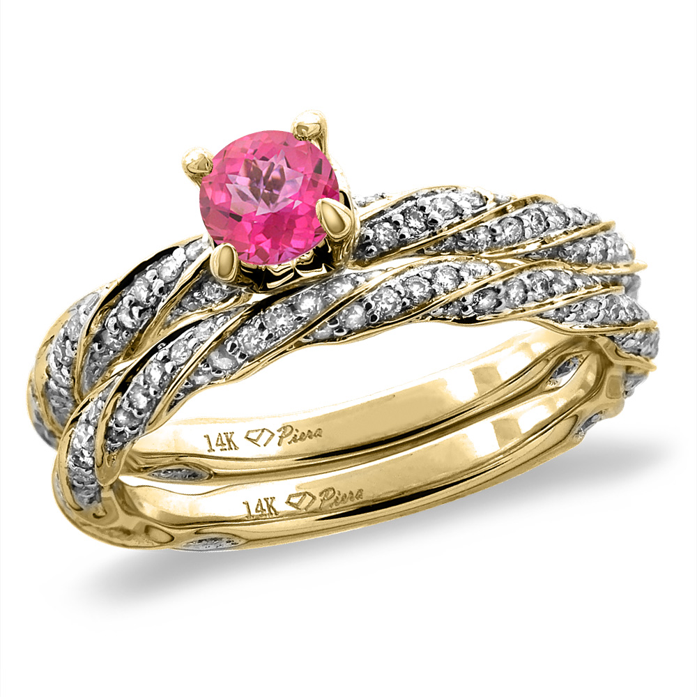 14K Yellow Gold Diamond Natural Pink Topaz 2pc Twisted Engagement Ring Set Round 4 mm, size5-10
