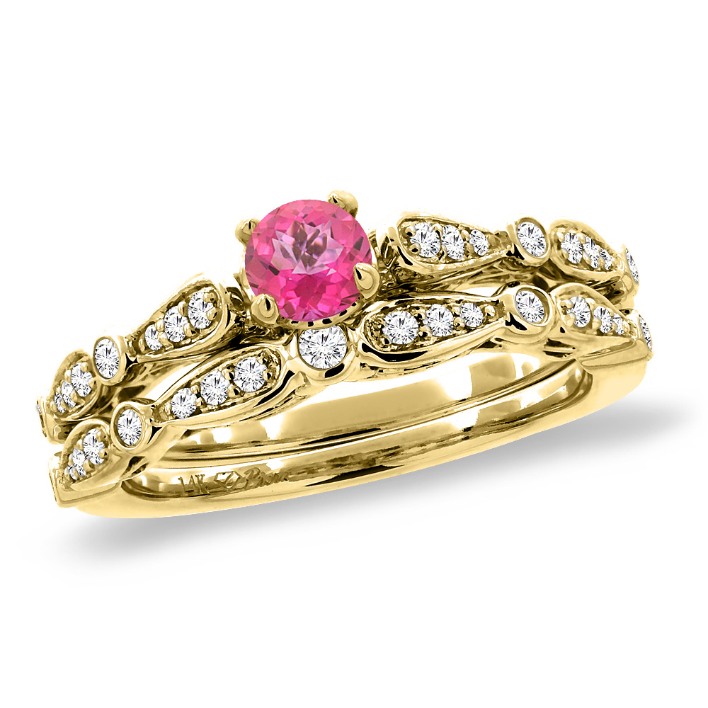 14K Yellow Gold Diamond Natural Pink Topaz 2pc Engagement Ring Set Round 4 mm, size5-10
