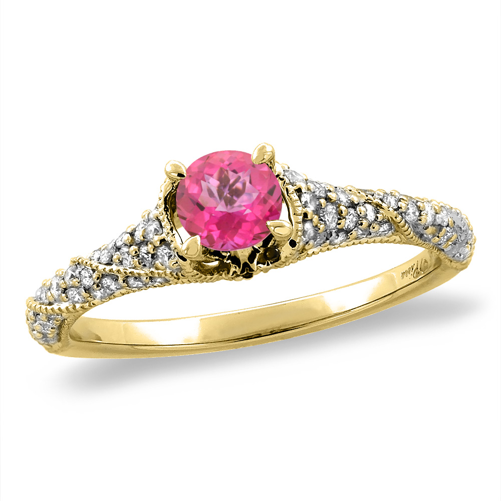 14K Yellow Gold Diamond Natural Pink Topaz Engagement Ring Round 4 mm, sizes 5 -10