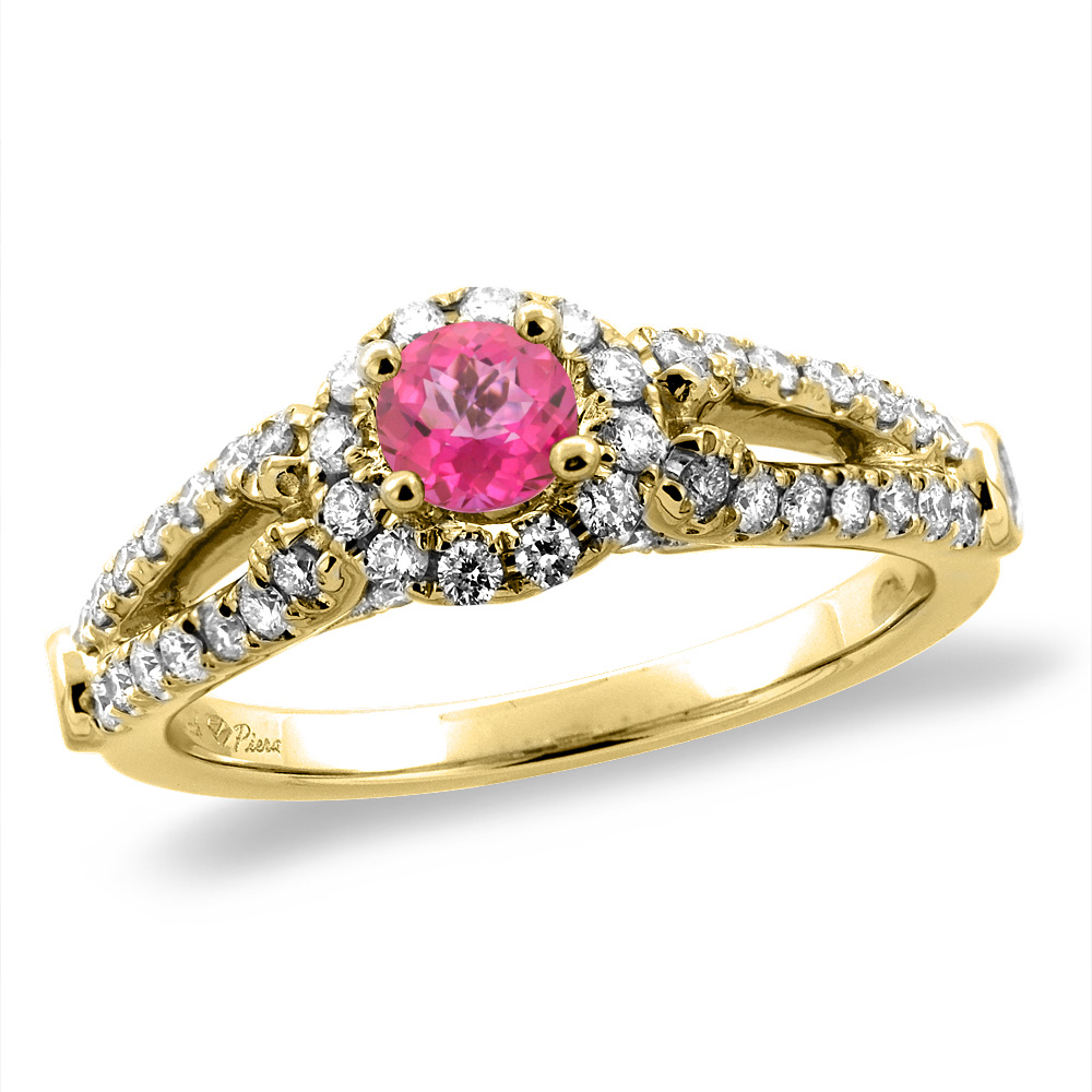14K Yellow Gold Diamond Natural Pink Topaz Halo Engagement Ring Round 4 mm, sizes 5 -10
