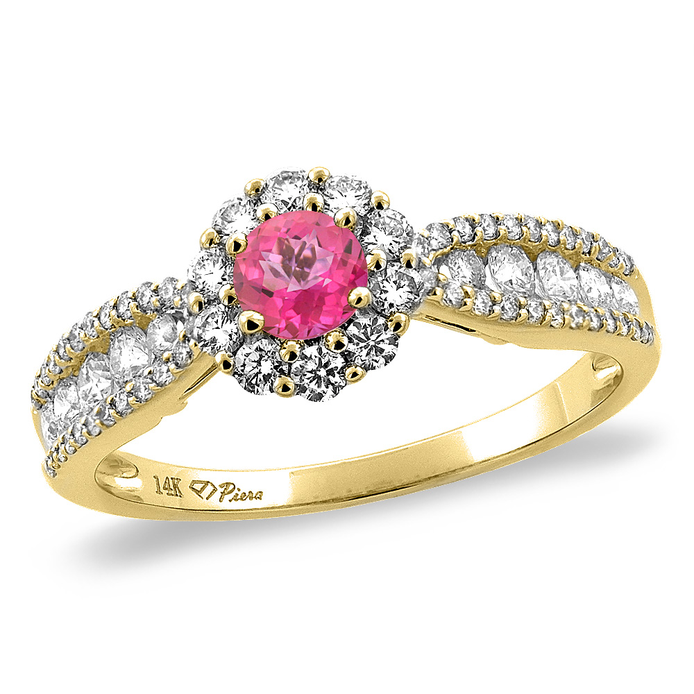 14K Yellow Gold Natural Pink Topaz Halo Engagement Ring Round 4 mm, sizes 5 -10