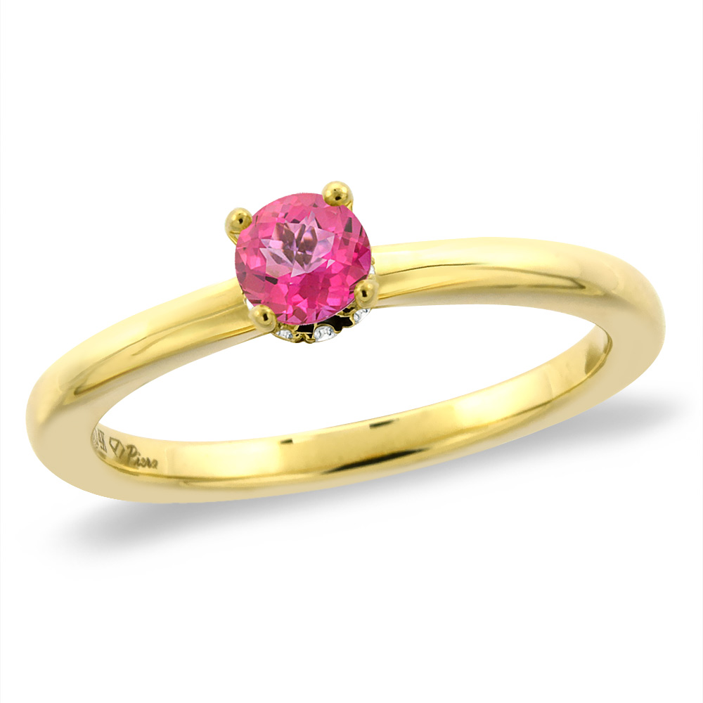 14K Yellow Gold Diamond Natural Pink Topaz Solitaire Engagement Ring Round 4 mm, sizes 5 -10