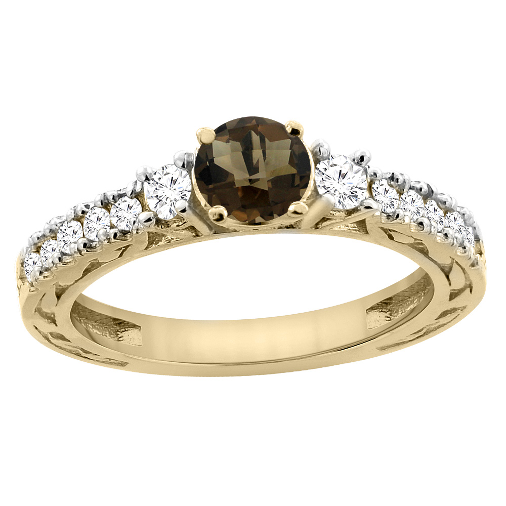 14K Yellow Gold Natural Smoky Topaz Round 6mm Engraved Engagement Ring Diamond Accents, sizes 5 - 10