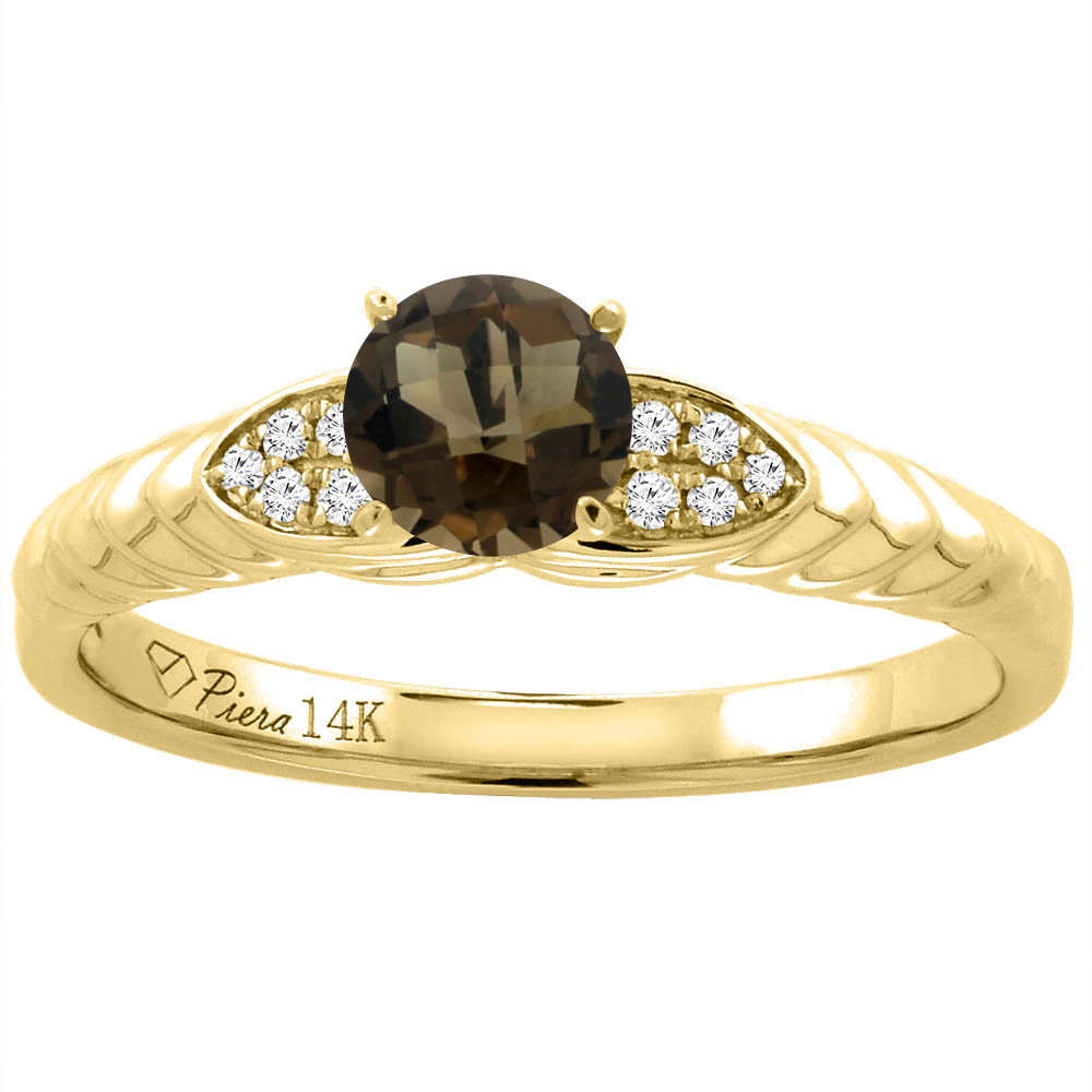 14K Yellow Gold Diamond Natural Smoky Topaz Engagement Ring Round 5 mm, sizes 5-10