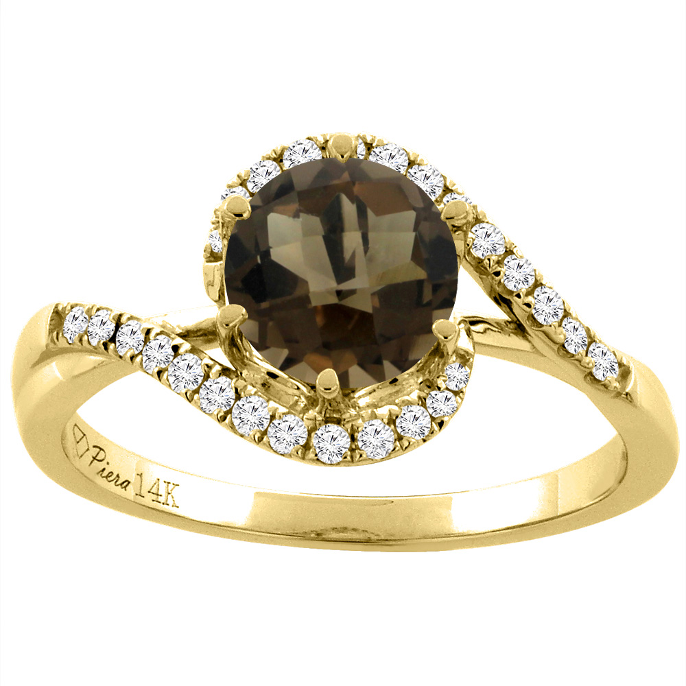 14K Yellow Gold Diamond Natural Smoky Topaz Bypass Engagement Ring Round 7 mm, sizes 5-10