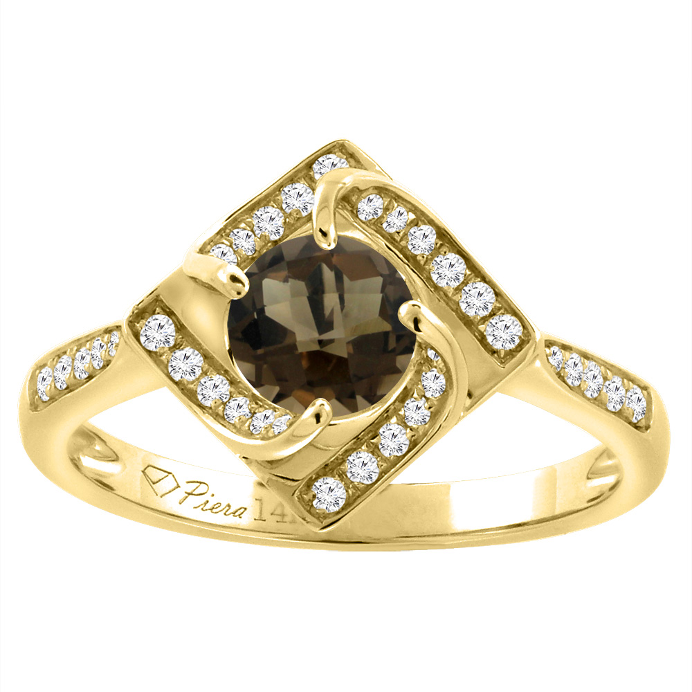 14K Yellow Gold Diamond Natural Smoky Topaz Engagement Ring Round 7 mm, sizes 5-10