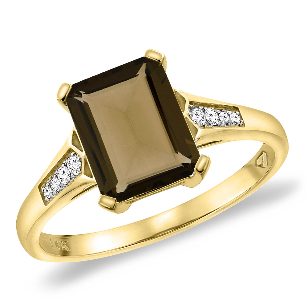14K Yellow Gold Natural Smoky Topaz Ring 9x7 mm Octagon with Diamond Accent, sizes 5 -10