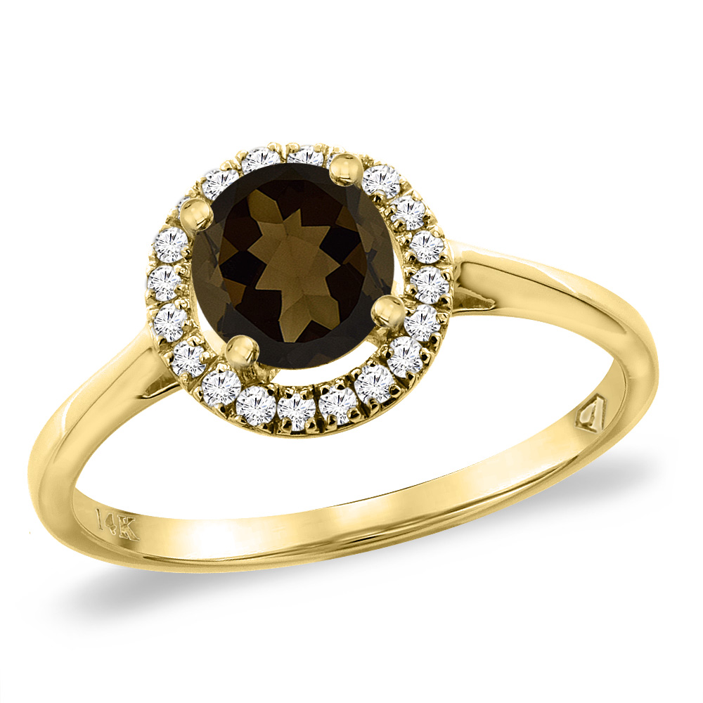 14K Yellow Gold Diamond Halo Natural Smoky Topaz Engagement Ring Round 6 mm, sizes 5 -10