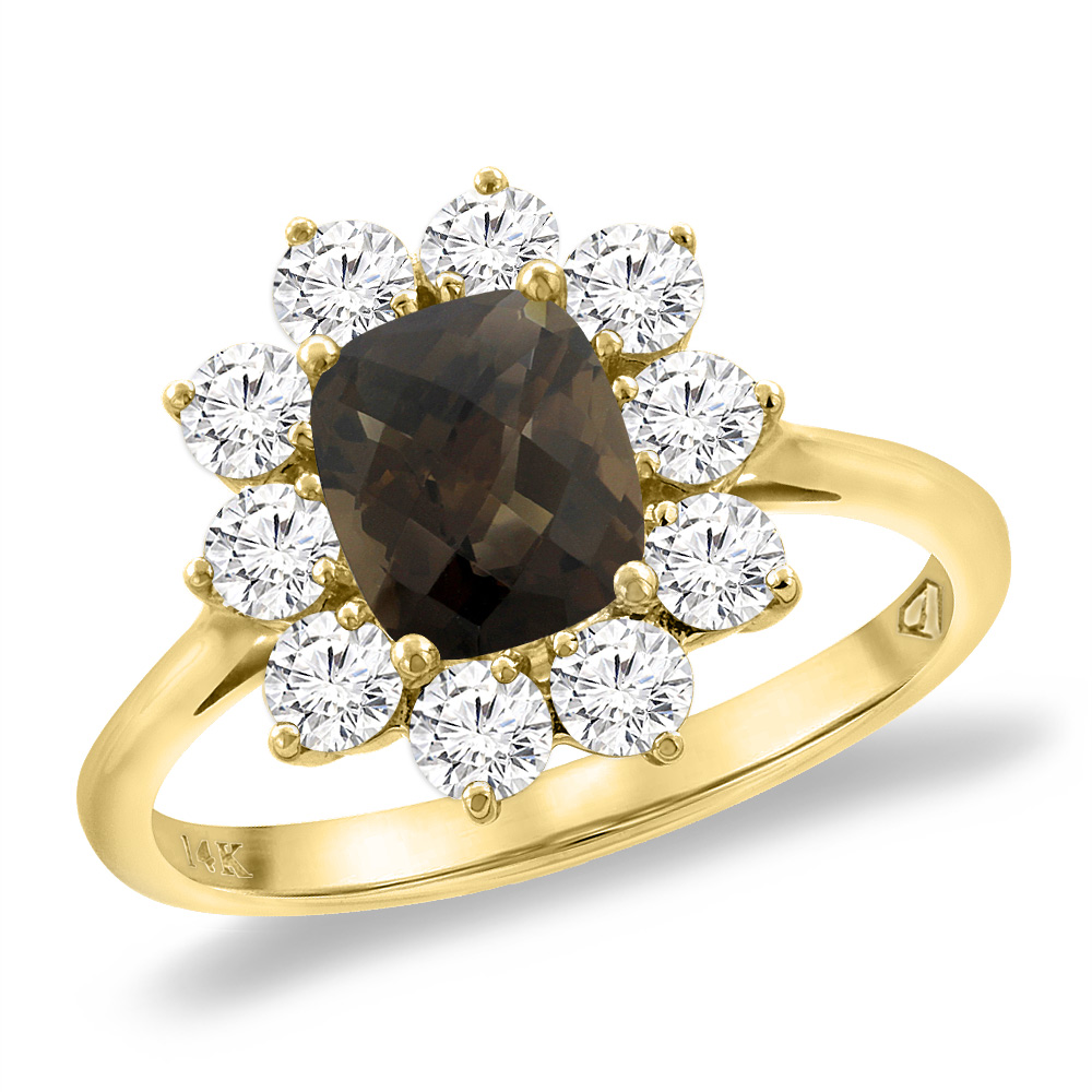 14K Yellow Gold Diamond Natural Smoky Topaz Engagement Ring 8x6 mm Cushion, sizes 5 -10