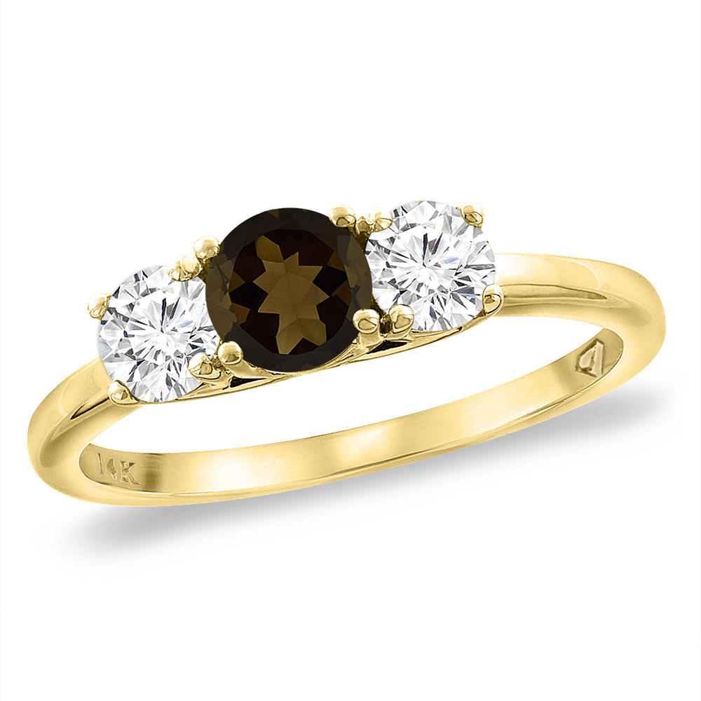 14K Yellow Gold Diamond Natural Smoky Topaz Engagement Ring 5mm Round, sizes 5 -10