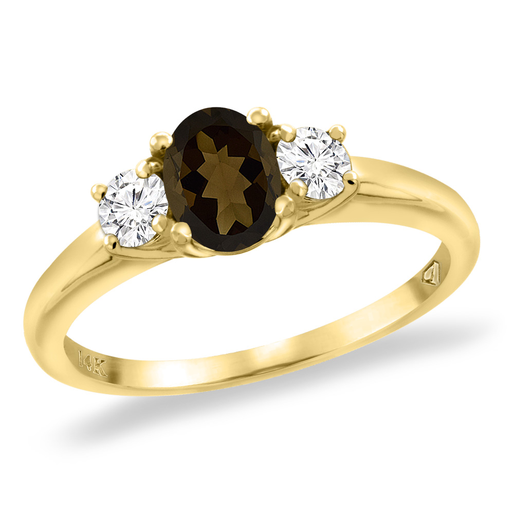 14K Yellow Gold Natural Smoky Topaz Engagement Ring Diamond Accents Oval 7x5 mm, sizes 5 -10