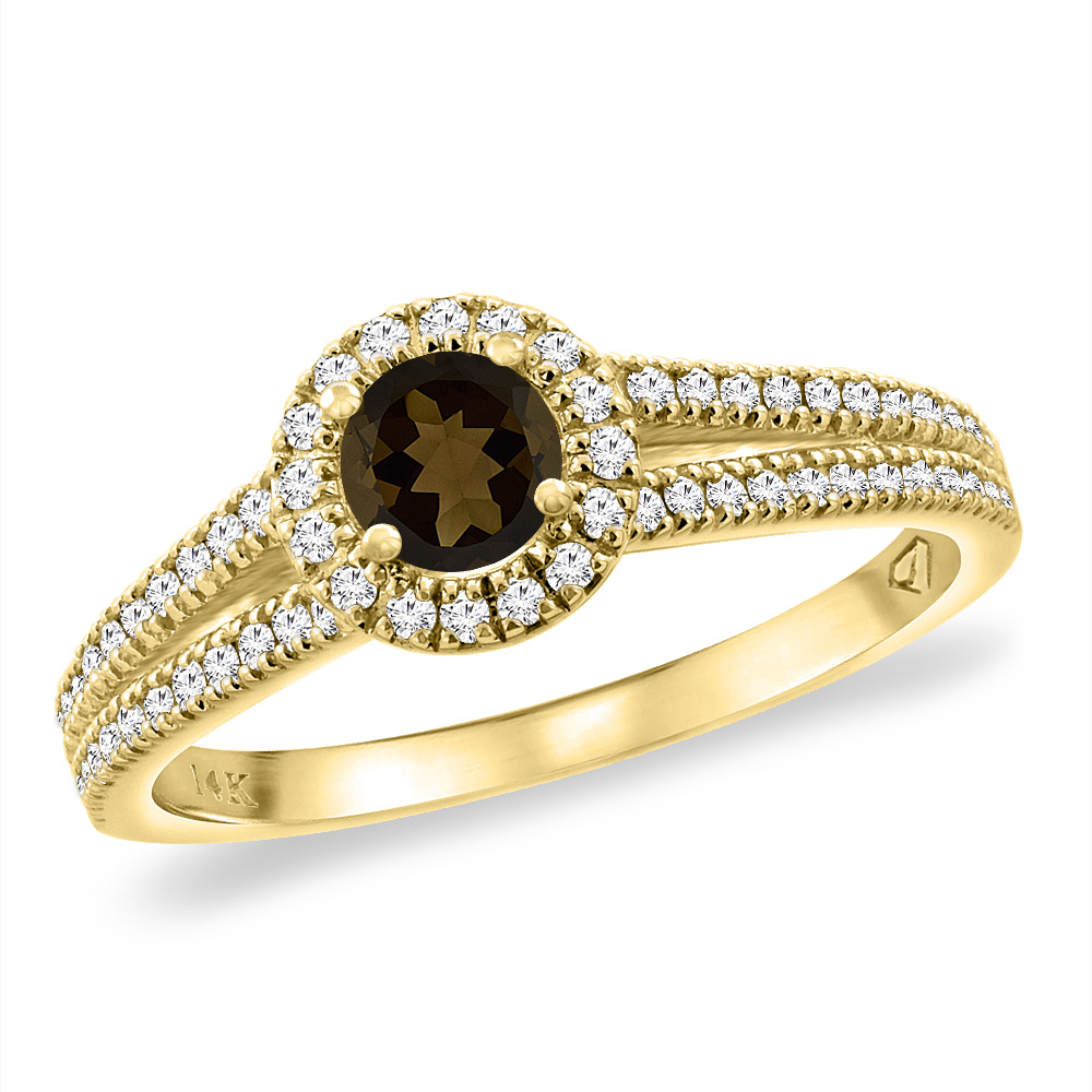 14K Yellow Gold Natural Smoky Topaz Split Shank Diamond Halo Engagement Ring 4mm Round, sizes 5 -10