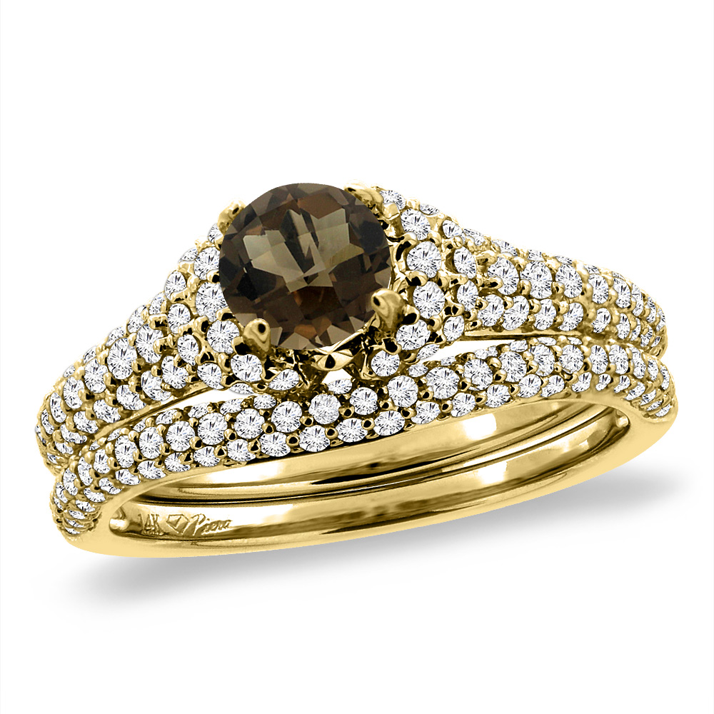 14K Yellow Gold Diamond Natural Smoky Topaz 2pc Engagement Ring Set Round 5 mm, sizes 5-10