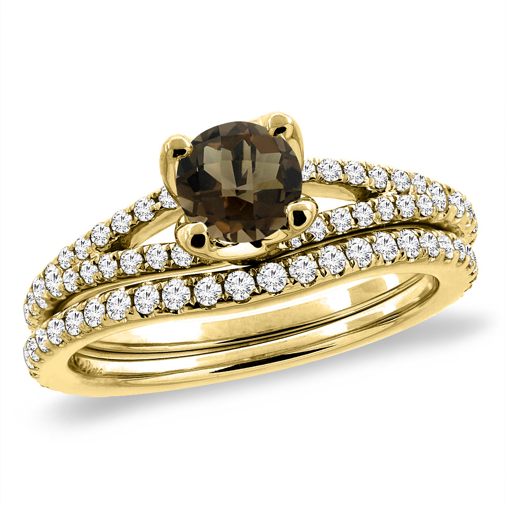 14K Yellow Gold Diamond Natural Smoky Topaz 2pc Engagement Ring Set Round 5 mm, sizes 5-10