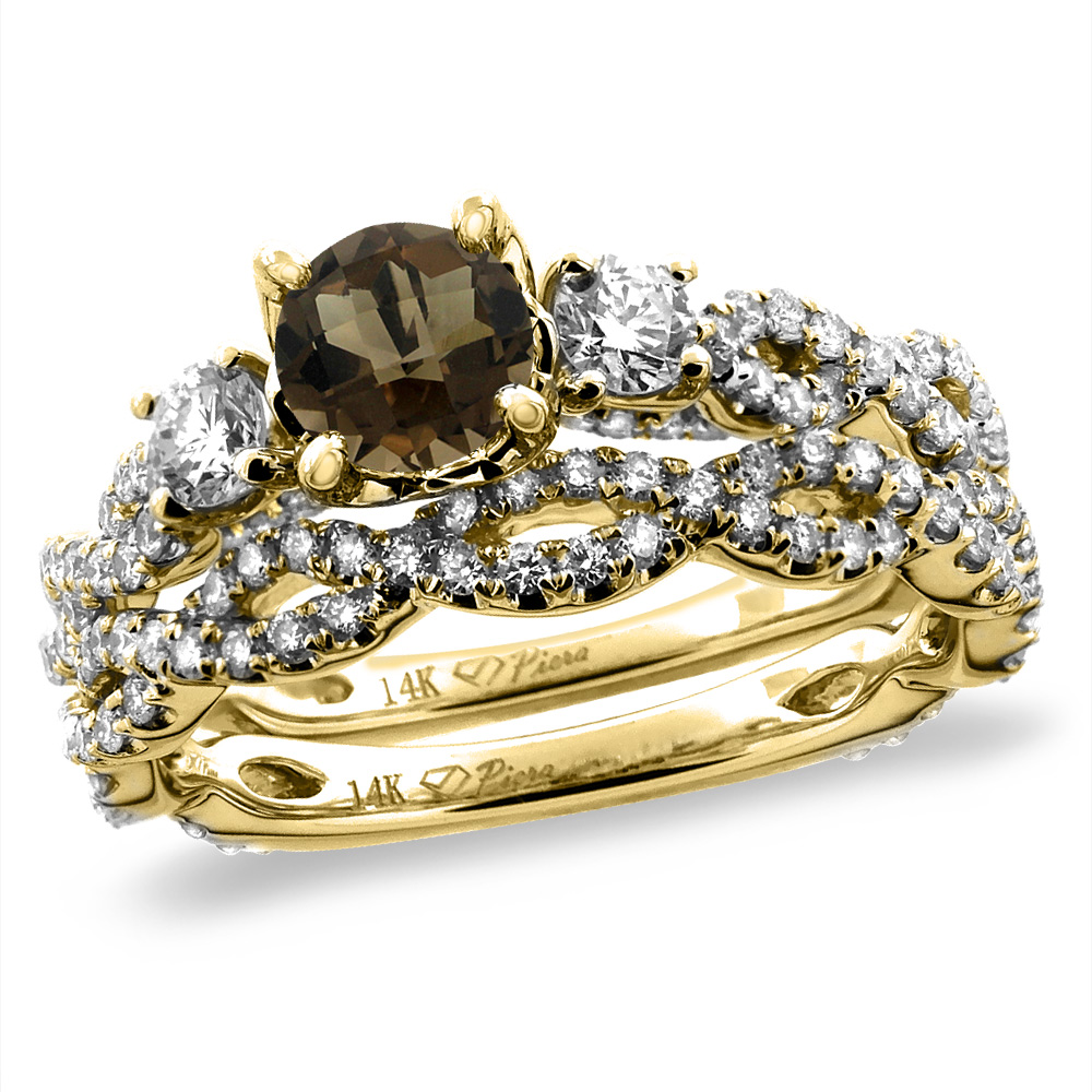 14K Yellow Gold Diamond Natural Smoky Topaz 2pc Infinity Engagement Ring Set Round 5 mm, sizes 5-10