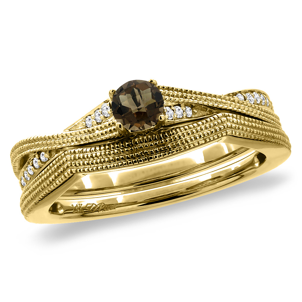 14K Yellow Gold Diamond Natural Smoky Topaz 2pc Engagement Ring Set Round 4 mm, sizes 5 - 10