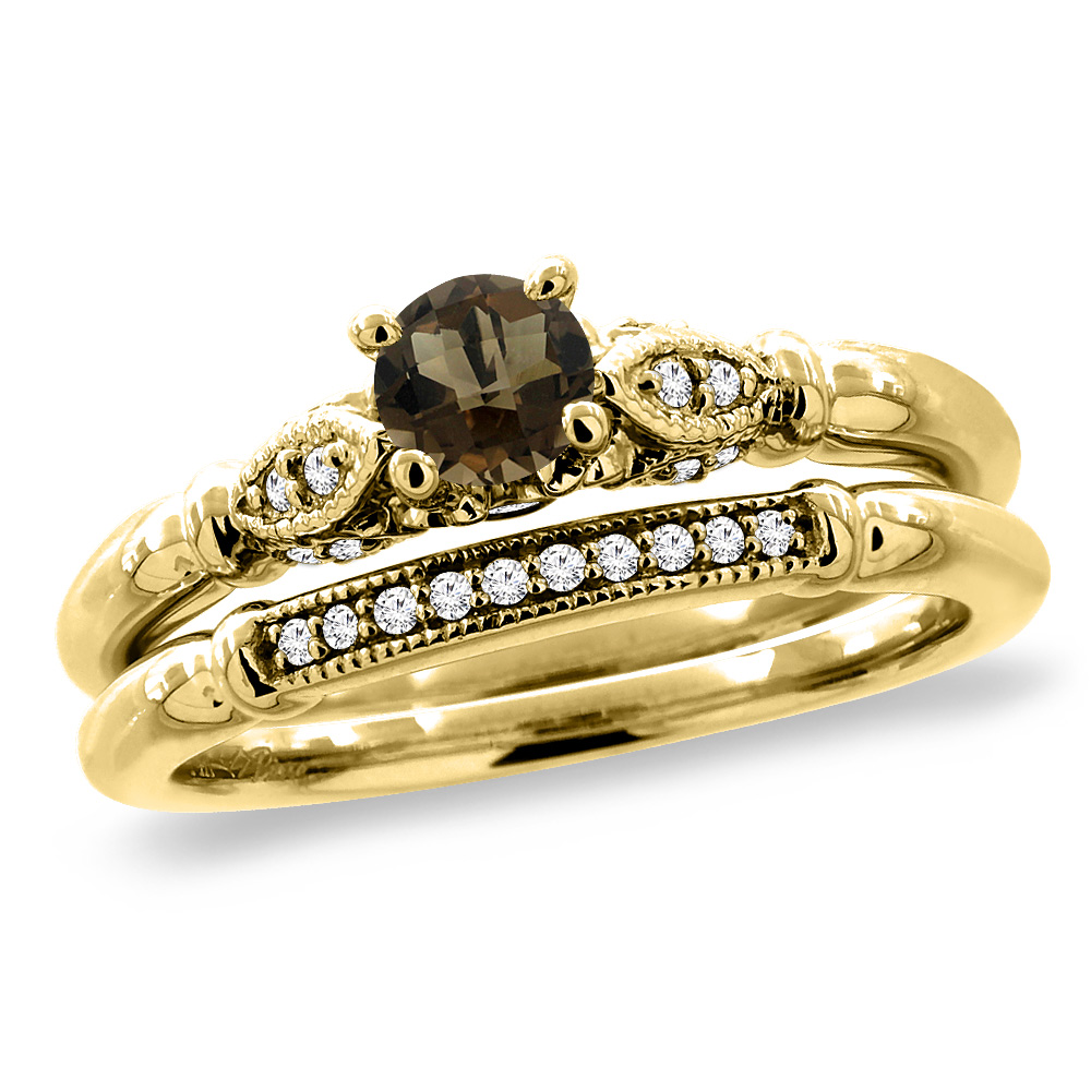 14K Yellow Gold Diamond Natural Smoky Topaz 2pc Engagement Ring Set Round 4 mm, sizes 5 - 10