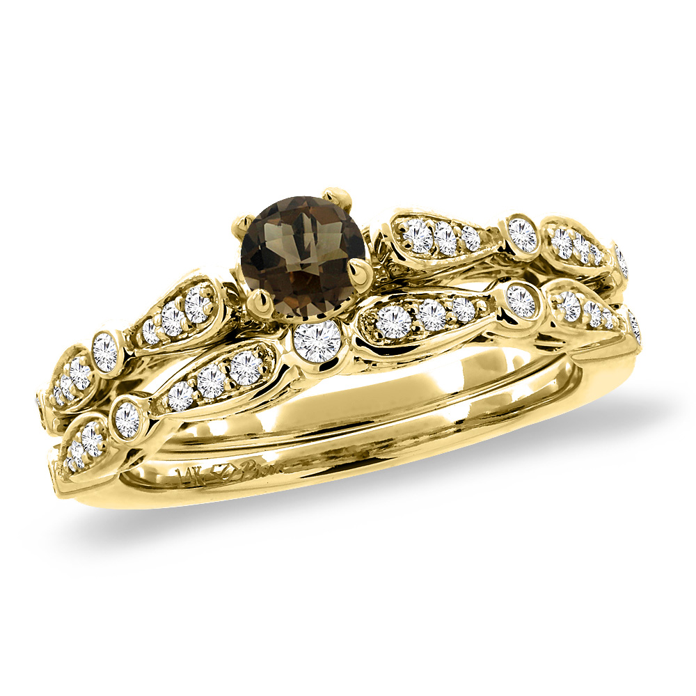 14K Yellow Gold Diamond Natural Smoky Topaz 2pc Engagement Ring Set Round 4 mm, size5-10