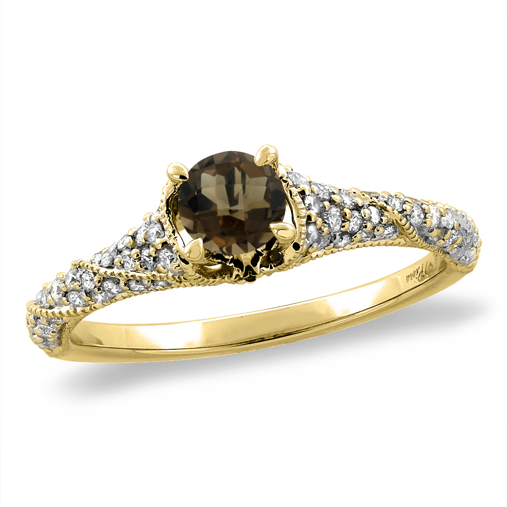 14K Yellow Gold Diamond Natural Smoky Topaz Engagement Ring Round 4 mm, sizes 5 -10