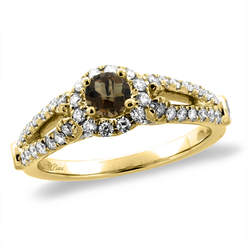 14K Yellow Gold Diamond Natural Smoky Topaz Halo Engagement Ring Round 4 mm, sizes 5 -10