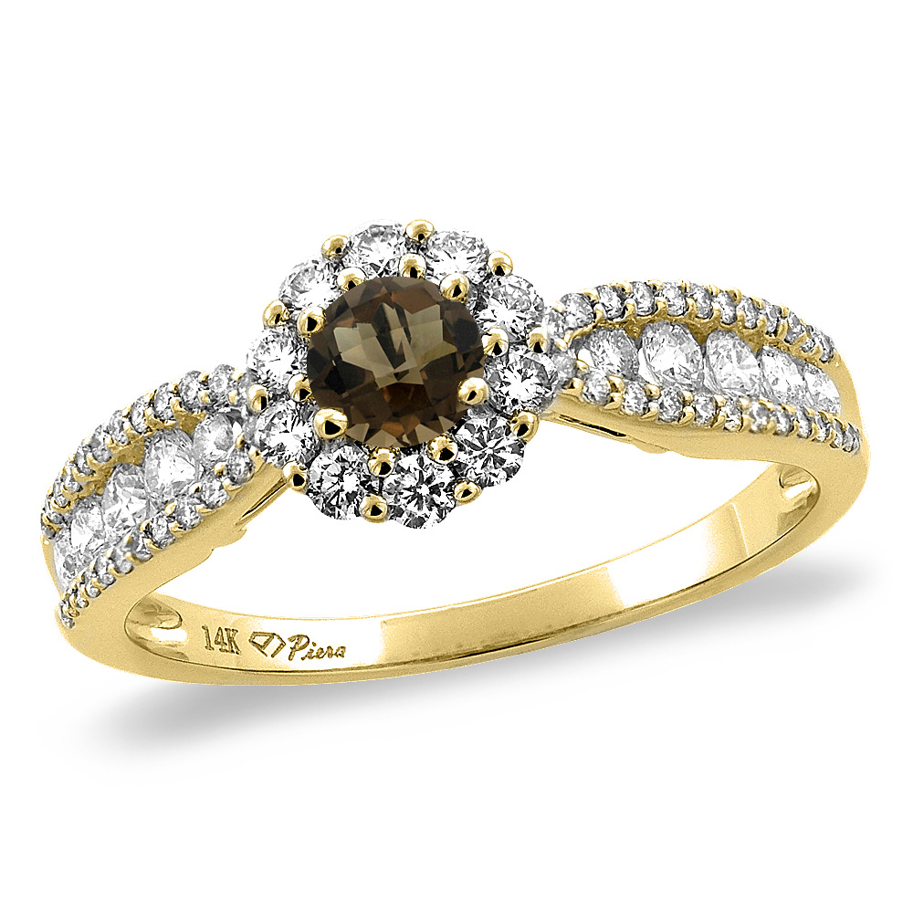 14K Yellow Gold Natural Smoky Topaz Halo Engagement Ring Round 4 mm, sizes 5 -10