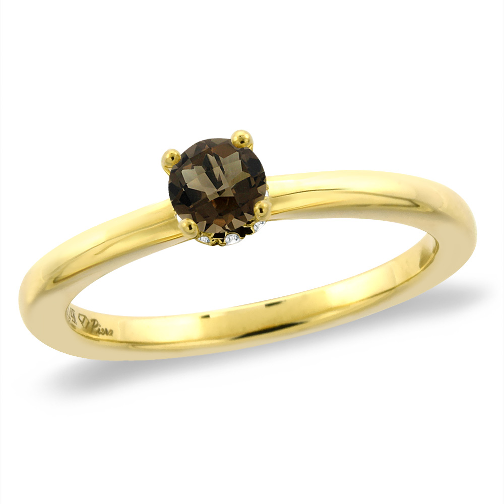 14K Yellow Gold Diamond Natural Smoky Topaz Solitaire Engagement Ring Round 4 mm, sizes 5 -10