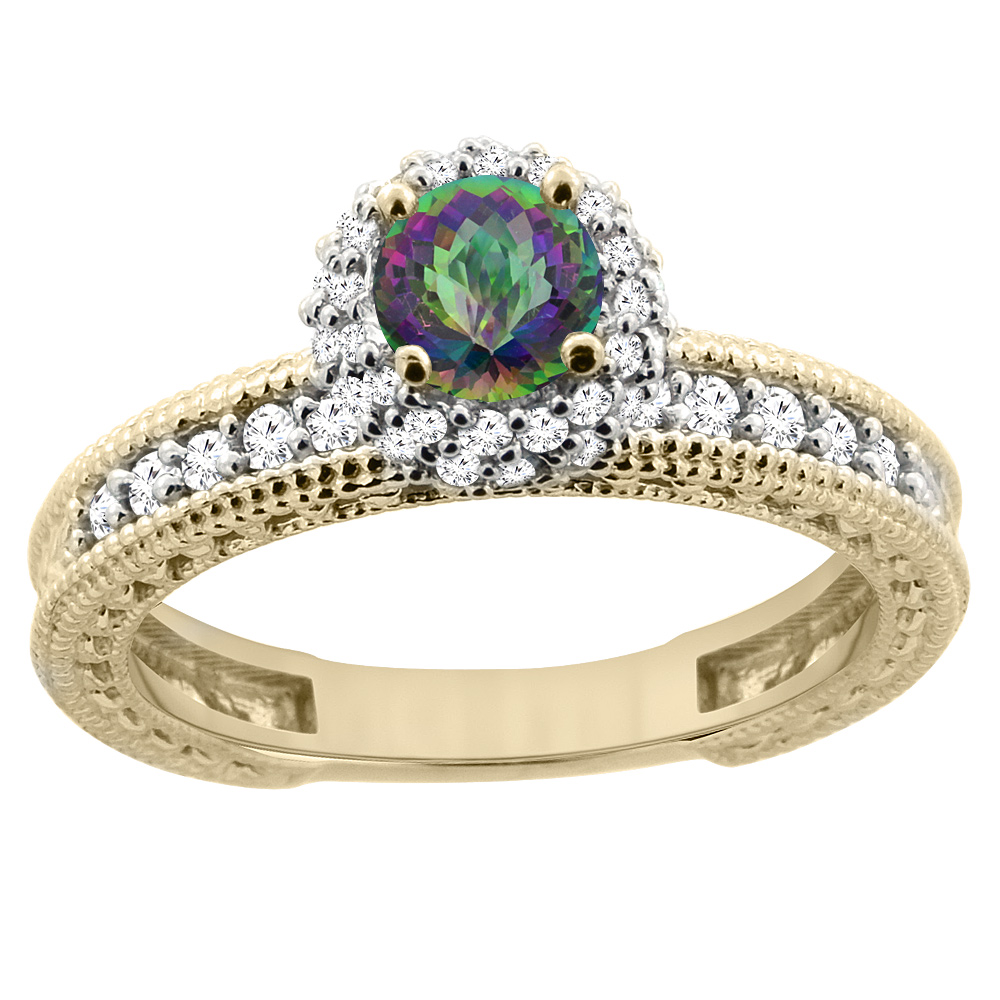 14K Yellow Gold Natural Mystic Topaz Round 5mm Engagement Ring Diamond Accents, sizes 5 - 10