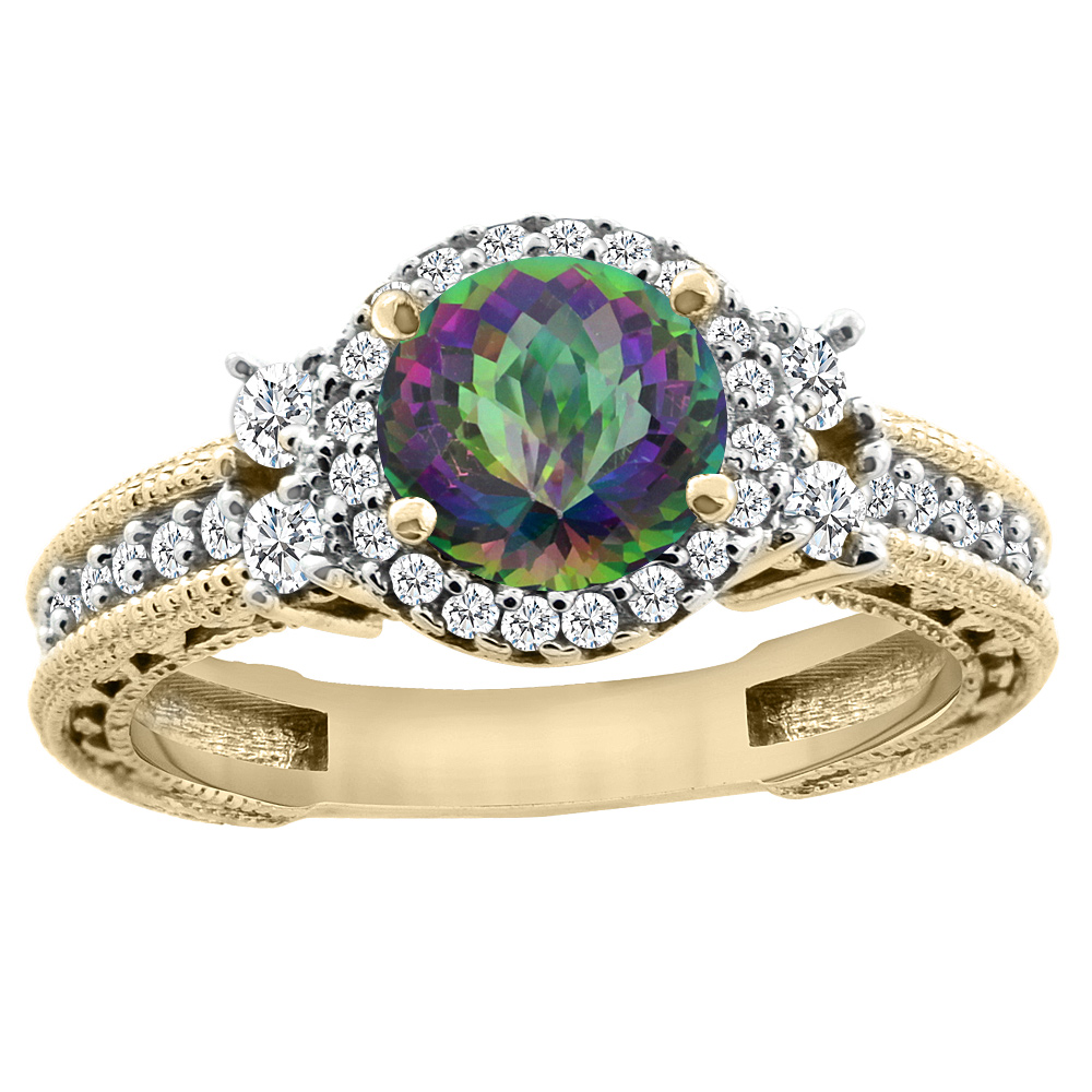 14K Yellow Gold Natural Mystic Topaz Halo Engagement Ring Round 6mm Diamond Accents, sizes 5 - 10