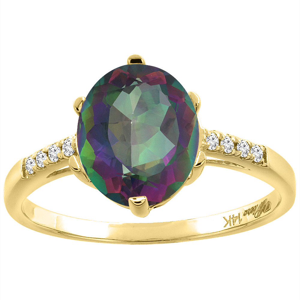 14K Yellow Gold Natural Mystic Topaz &amp; Diamond Ring Oval 10x8 mm, sizes 5-10