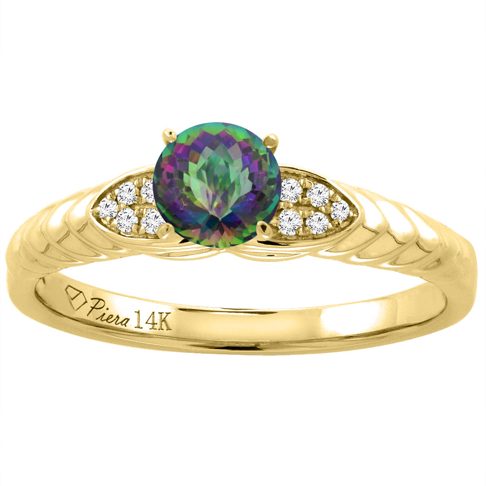 14K Yellow Gold Diamond Natural Mystic Topaz Engagement Ring Round 5 mm, sizes 5-10