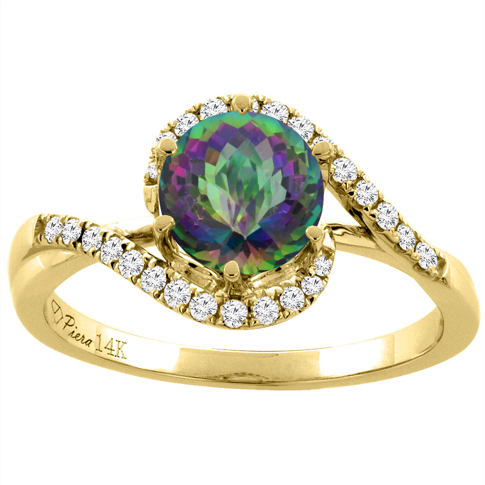 14K Yellow Gold Diamond Natural Mystic Topaz Bypass Engagement Ring Round 7 mm, sizes 5-10