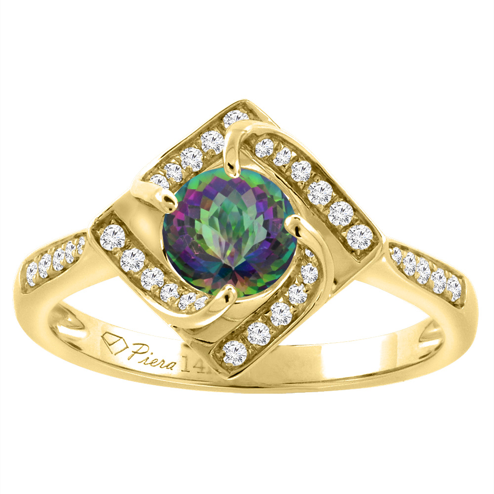 14K Yellow Gold Diamond Natural Mystic Topaz Engagement Ring Round 7 mm, sizes 5-10