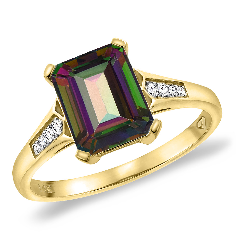14K Yellow Gold Natural Mystic Topaz Ring 9x7 mm Octagon with Diamond Accent, sizes 5 -10