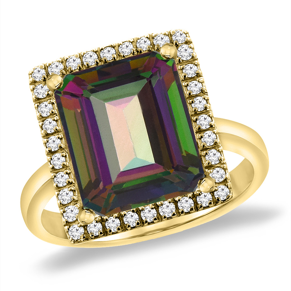 14K Yellow Gold Natural Mystic Topaz Ring Diamond Accent 12x10 mm Octagon, sizes 5 -10