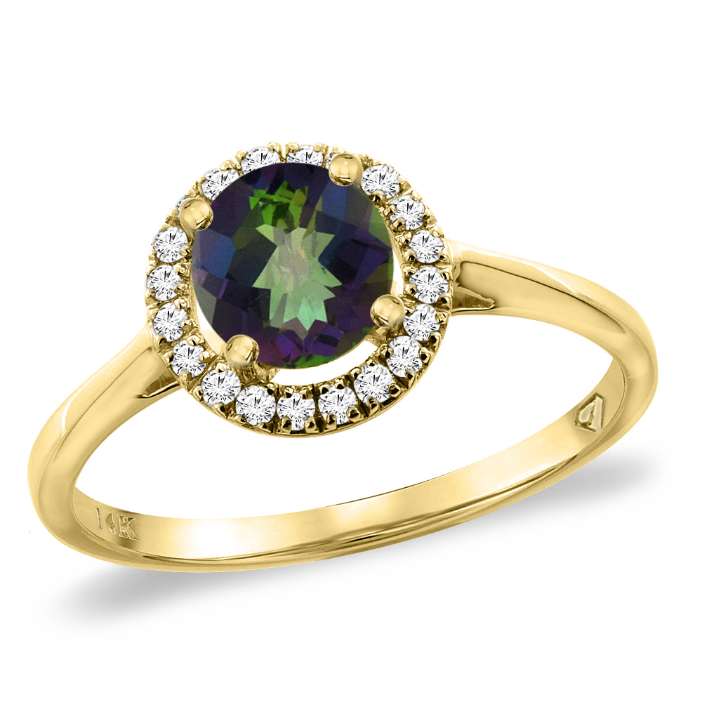 14K Yellow Gold Diamond Halo Natural Mystic Topaz Engagement Ring Round 6 mm, sizes 5 -10