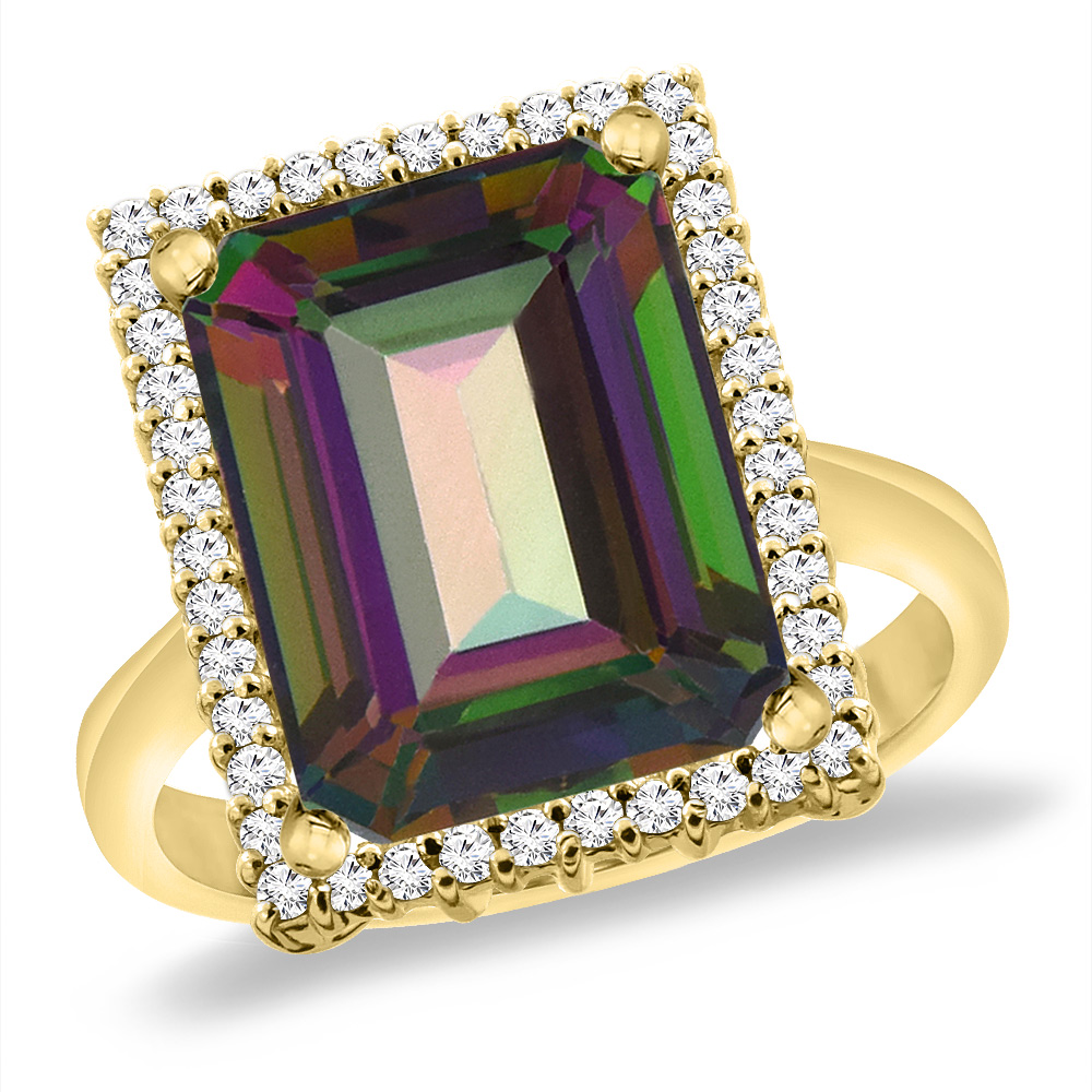 14K Yellow Gold Natural Mystic Topaz Ring Diamond Accent 14x10 mm Octagon, sizes 5 -10