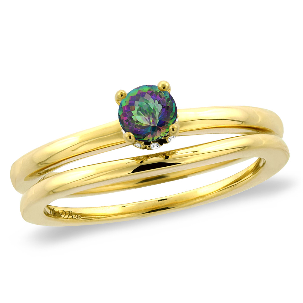 14K Yellow Gold Diamond Natural Mystic Topaz 2pc Solitaire Engagement Ring Set Round 6 mm, sz 5-10