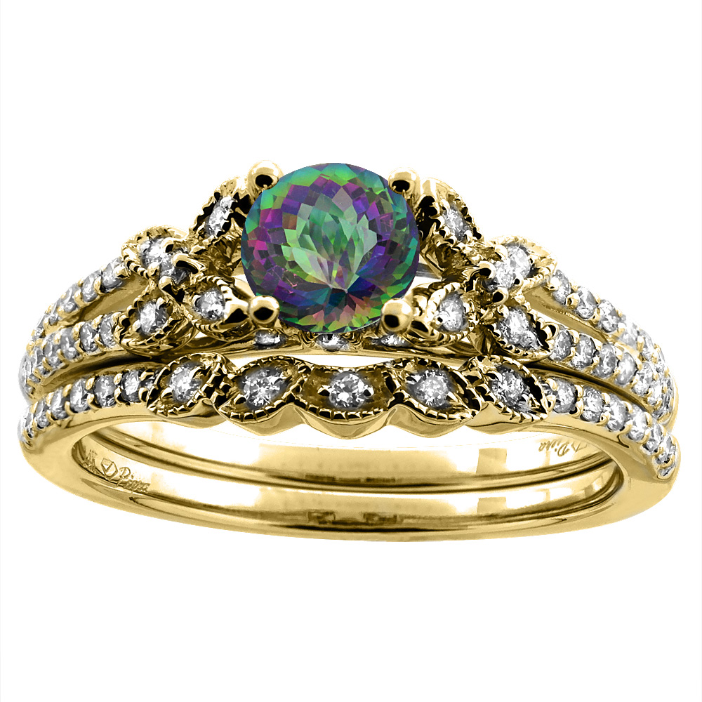 14K Yellow Gold Floral Diamond Natural Mystic Topaz 2pc Engagement Ring Set Round 5 mm, sizes 5-10