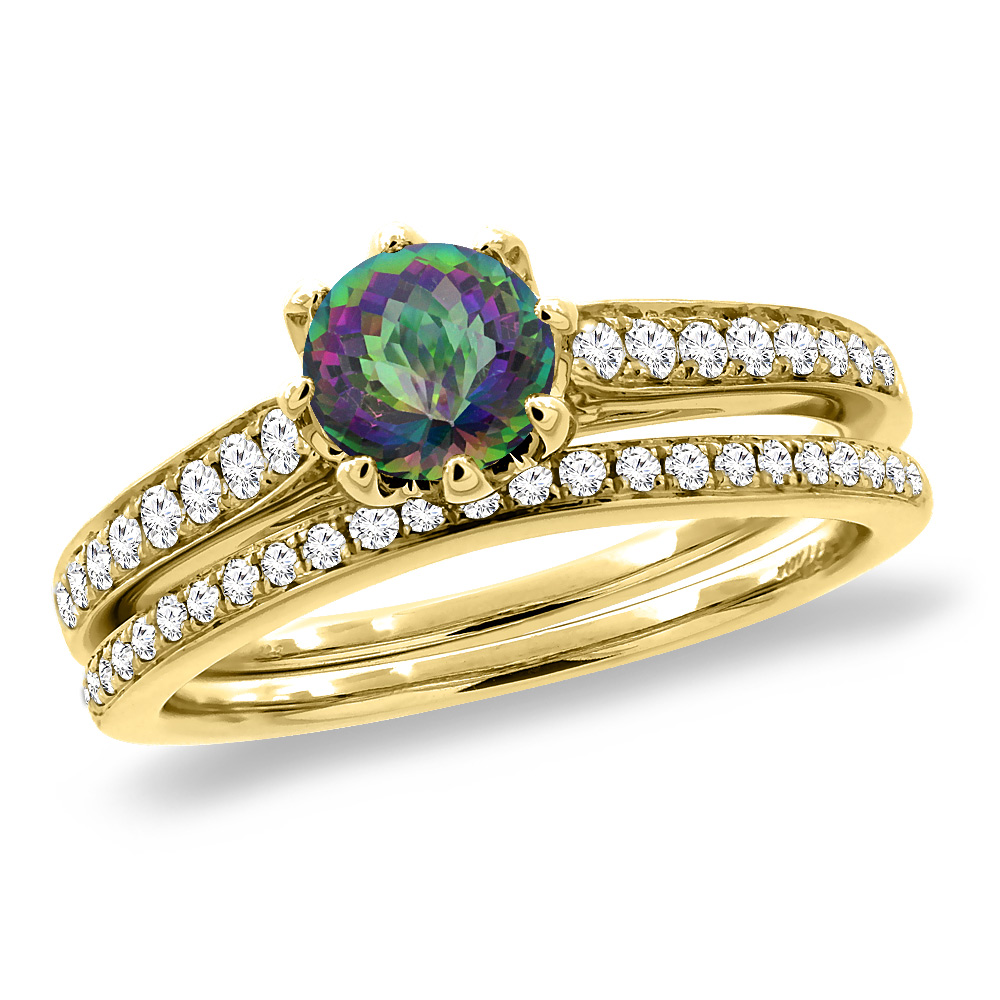14K Yellow Gold Diamond Natural Mystic Topaz 2pc Engagement Ring Set Round 5 mm, sizes 5-10