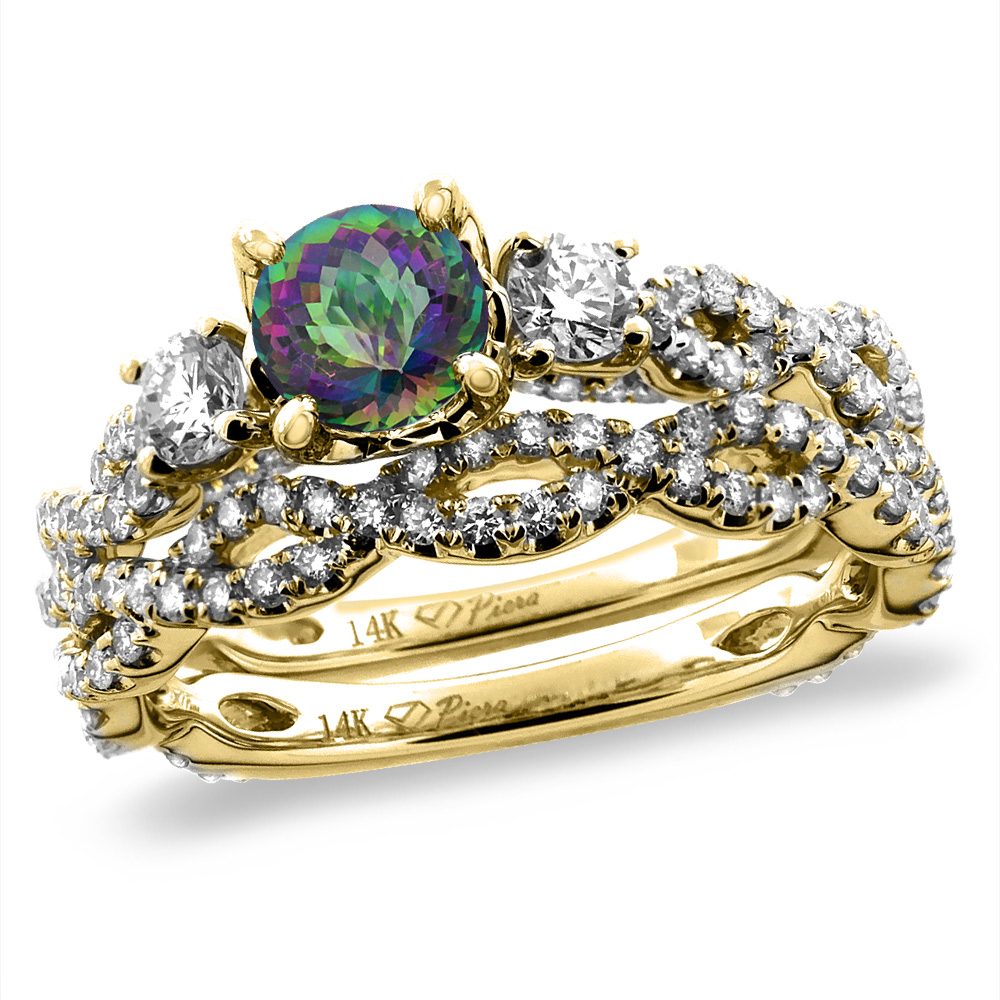 14K Yellow Gold Diamond Natural Mystic Topaz 2pc Infinity Engagement Ring Set Round 5 mm, sizes 5-10