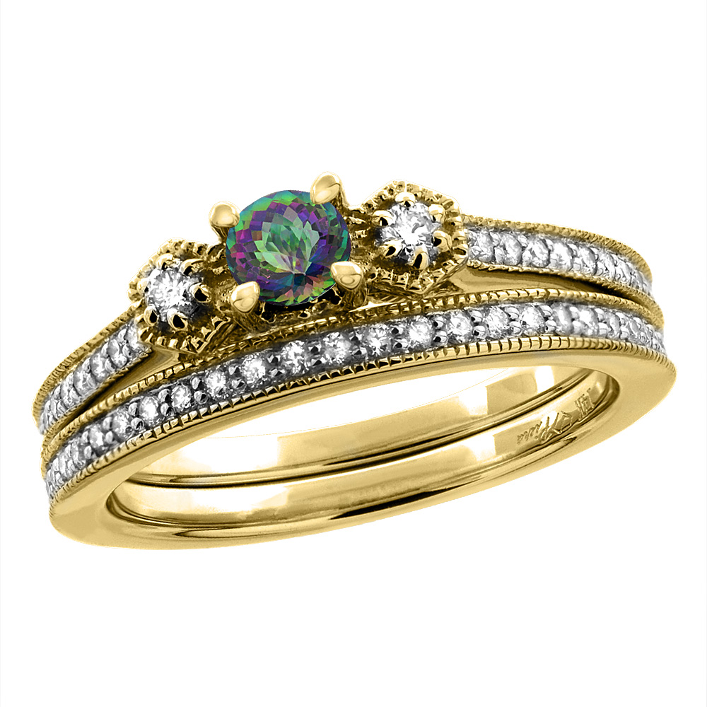 14K Yellow Gold Diamond Natural Mystic Topaz 2pc Engagement Ring Set Round 4 mm, sizes 5 - 10