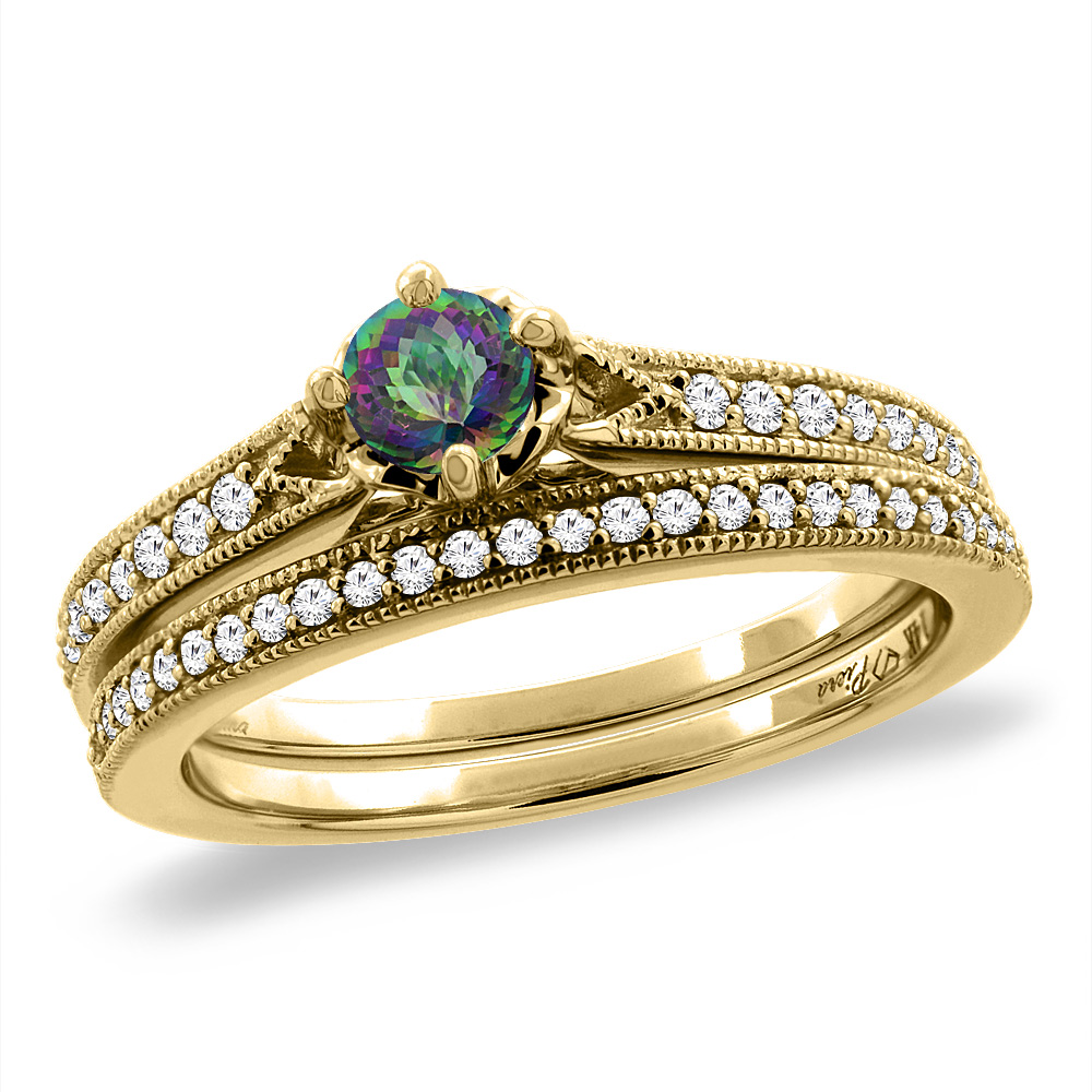 14K Yellow Gold Diamond Natural Mystic Topaz 2pc Engagement Ring Set Round 4 mm, sizes 5 - 10
