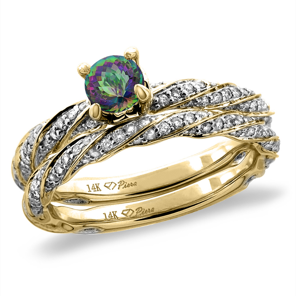 14K Yellow Gold Diamond Natural Mystic Topaz 2pc Twisted Engagement Ring Set Round 4 mm, size5-10
