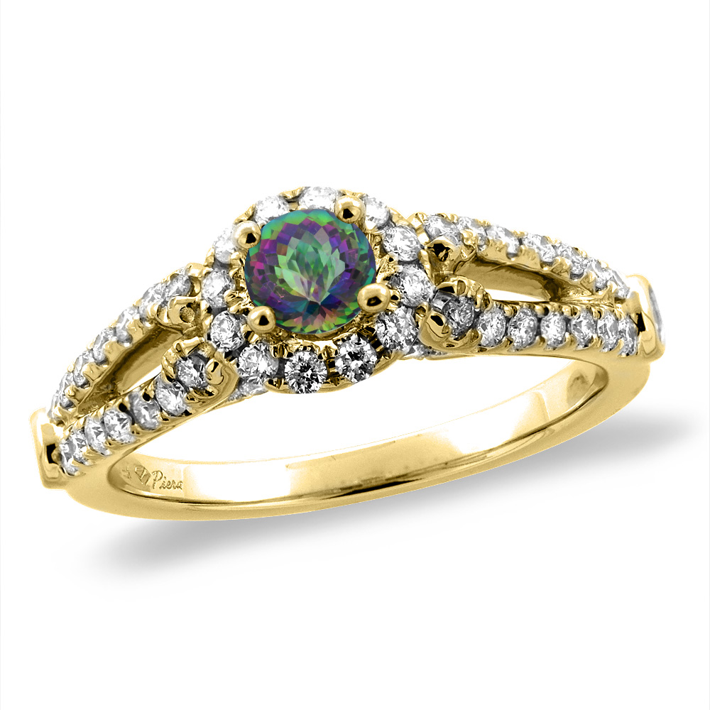 14K Yellow Gold Diamond Natural Mystic Topaz Halo Engagement Ring Round 4 mm, sizes 5 -10