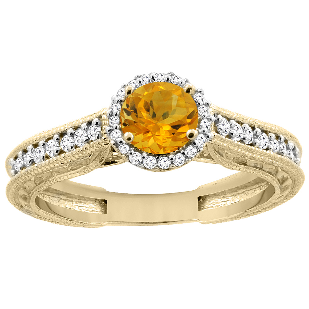14K Yellow Gold Natural Citrine Round 5mm Engraved Engagement Ring Diamond Accents, sizes 5 - 10