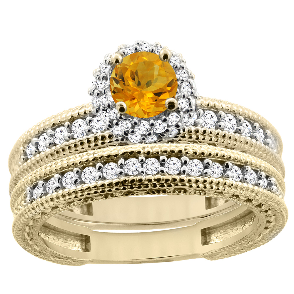 14K Yellow Gold Diamond Natural Citrine Round 4mm Engagement Ring 2-piece Set, sizes 5 - 10