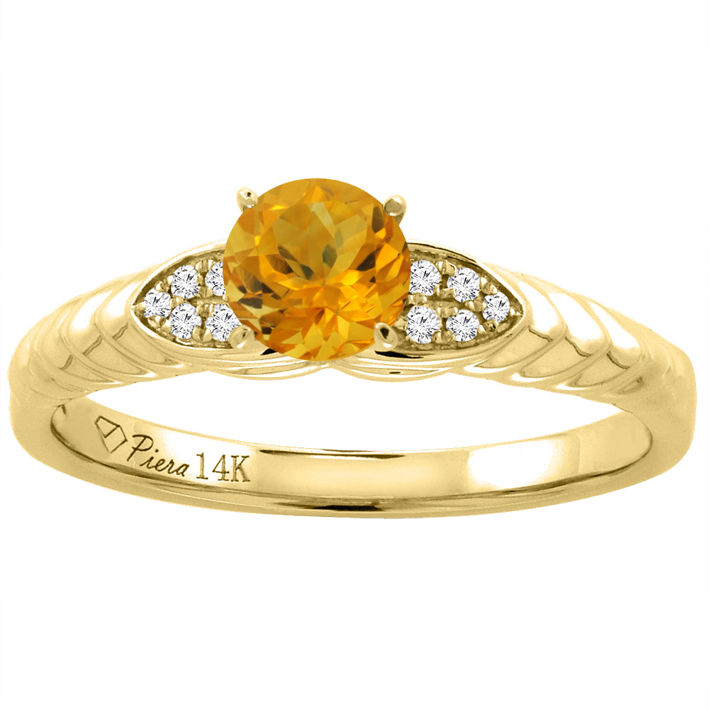 14K Yellow Gold Diamond Natural Citrine Engagement Ring Round 5 mm, sizes 5-10