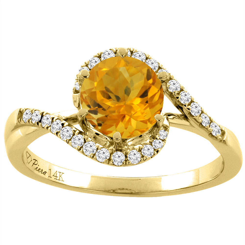 14K Yellow Gold Diamond Natural Citrine Bypass Engagement Ring Round 7 mm, sizes 5-10